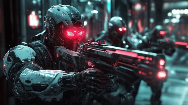 Robotic soldiers aiming guns