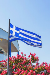 Greek national flag waving against a blue sky with pink flowers in foreground