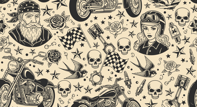Vintage Biker Tattoo Seamless Pattern with Skulls, Motorcycles, and Roses