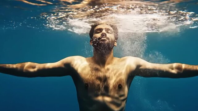 Man swimming underwater with arms outstretched in a pool