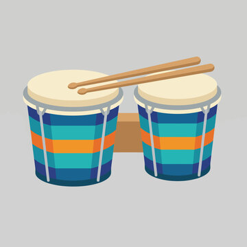 This image showcases a colorful bongo drum set with vibrant stripes and mallets, ideal for representing music, rhythm, and entertainment in a playful and lively design style.
