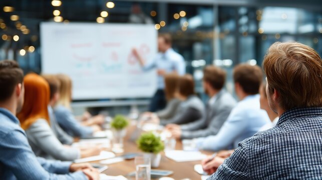 In a stylish conference room, a diverse group of professionals focuses on a dynamic presenter who shares creative insights. Laptops and notes around them reflect a collaborative atmosphere