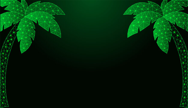 Low poly wireframe green palm trees on dark background.