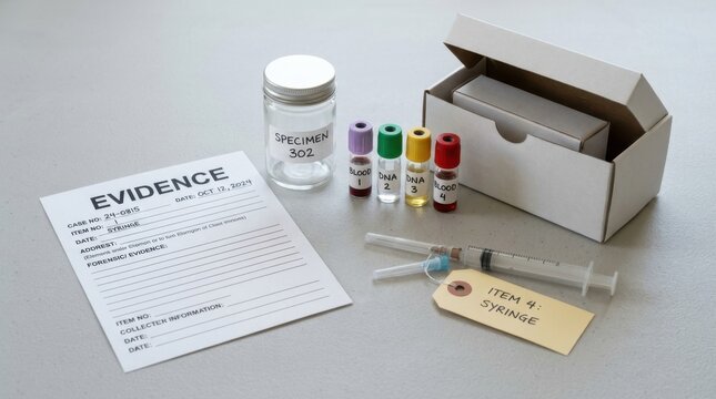 Forensic evidence collection kit with vials, syringe, jar, and documentation