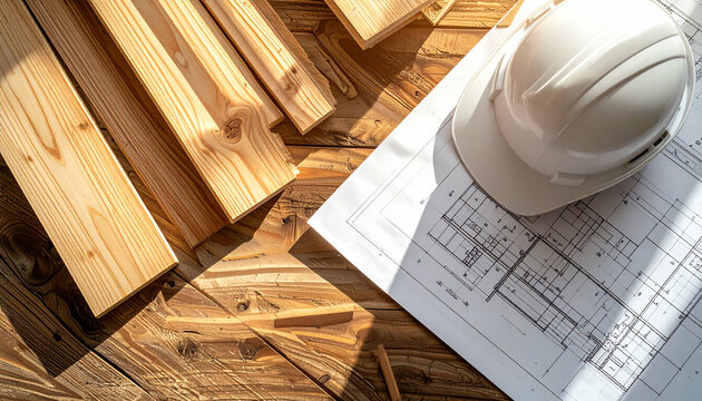 木目調のテーブルに置かれた建築図面と白いヘルメット、高品質な杉の無垢材、自然光