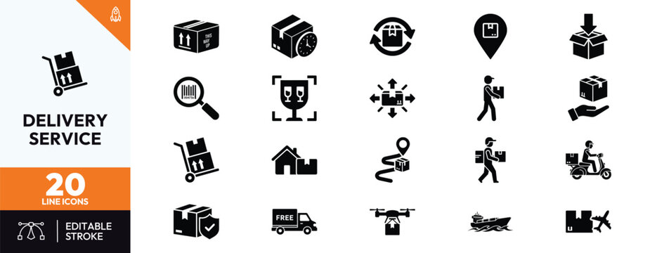 Comprehensive set of 20 delivery and logistics icons featuring shipping boxes, courier tracking, express delivery, drone shipping, cargo transportation, and e-commerce distribution symbols.