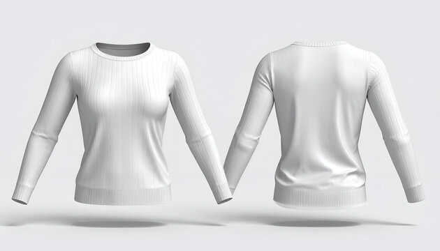 Front and back 3D renders of a white, long-sleeved ribbed crew neck garment