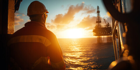 Fototapeta premium Worker in safety gear observes sunset over offshore oil rig from ship deck, ocean waves reflecting warm light, industrial structures silhouetted against colorful sky