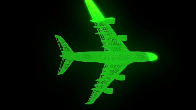 3D design of a Holographic Airplane moving and flying from the screen. Green lighting on the plane