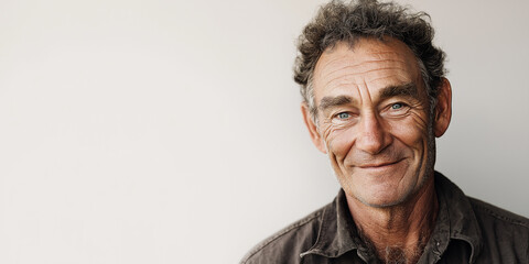Obraz premium Mature Caucasian man with curly hair smiles warmly against a neutral background, showcasing facial features and expression in a close-up portrait