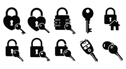 A collection of black lock and key icons including a house shape depicted in a striking silhouette high quality professional detailed © sakib