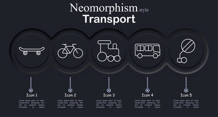 Transport set icon. Neomorphic dark interface circles with line symbols of skateboard board wheels, bicycle cycle frame, toy train locomotive, city bus vehicle, hot air balloon basket © Anastasia