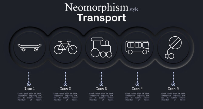 Transport set icon. Neomorphic dark interface circles with line symbols of skateboard board wheels, bicycle cycle frame, toy train locomotive, city bus vehicle, hot air balloon basket