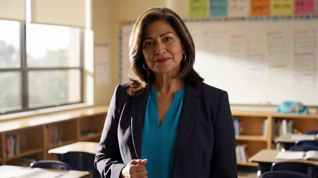 Confident female teacher smiling in classroom with whiteboard