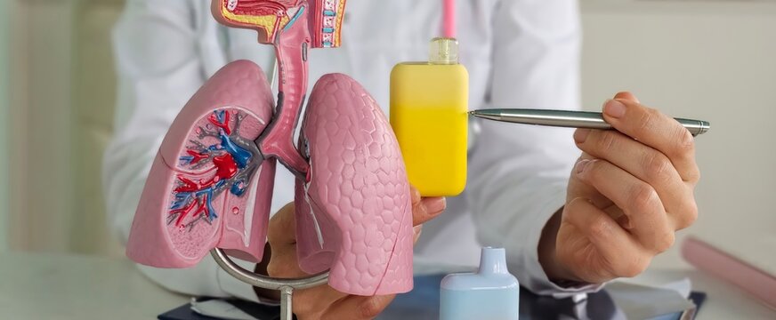 Doctor holds vape cigarettes and lung anatomy in clinic. Cancer from smoking e-cigarettes