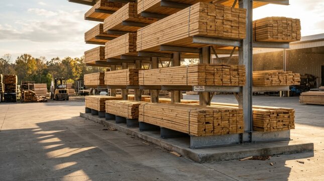 Large stacks of finished pine lumber neatly arranged on elevated metal storage racks outdoors during daytime