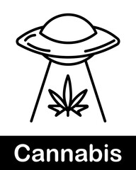 UFO abducting cannabis plant line icon representing alien concept, marijuana culture and surreal theme in minimal outline style © Anastasia