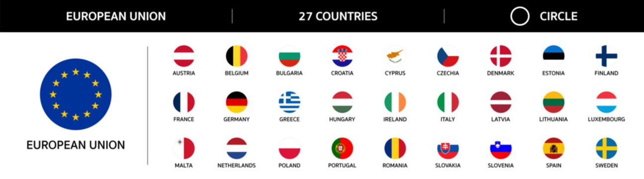 Flags of countries of European Union. Set of all national round flags of EU 27 member states in circle