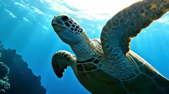 A sea turtle swims underwater near a coral reef with sun rays shining down