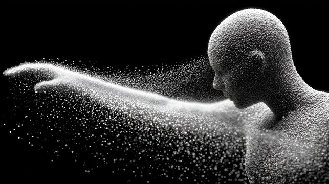 Sculpted human figure made of particles extends arm toward space