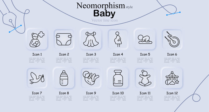 Baby set icon. Mother with child, diaper, dress clothing, pregnant woman, crawling baby, teether toy, stork bird, feeding bottle, newborn pose, medical bottle, sitting baby, crib mobile line icons