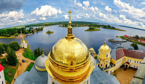 Nilo-Stolobensky Monastery from height, fish-eye effect, Tver region, Russia