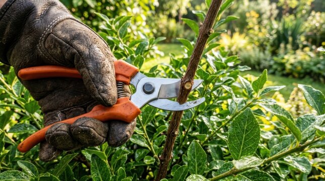 Gardener's gloved hand uses orange secateurs to prune a branch amidst lush green foliage