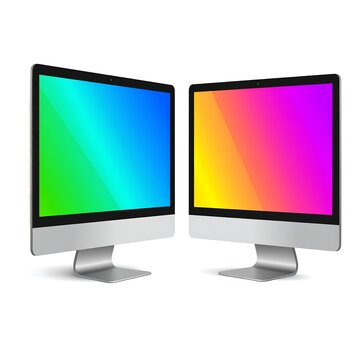 Two computer monitors with colorful screens side by side