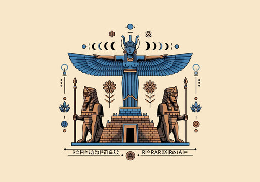 Ancient Mesopotamian Mythology Illustration featuring Winged Goddess Ishtar, Sphinx Guardians, and Ziggurat Temple with Moon Phases and Celestial Symbols