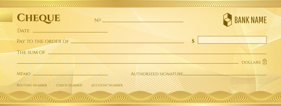 Paper bank check and payment cheque, blank checkbook paycheck, donate and charity template. Professional blank check featuring security patterns. Detailed vector illustration for education material