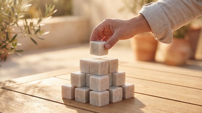 Conceptual photograph: a hand carefully places a light marble cube.