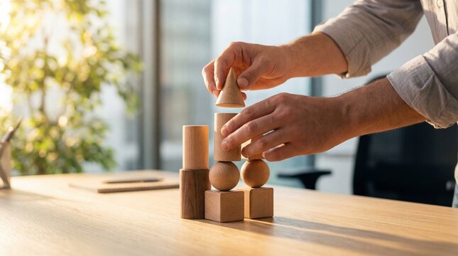 Creative hands carefully building a diverse structure with various wooden geometric blocks on a sunlit office desk.