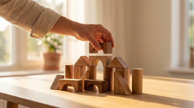 Human hand meticulously constructing a complex architectural model using various wooden building blocks indoors.