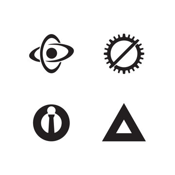 Diverse icons collection illustrating atom settings information and geometric shapes