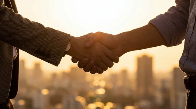 Two individuals shaking hands against a blurred city skyline at golden hour, symbolizing agreement.