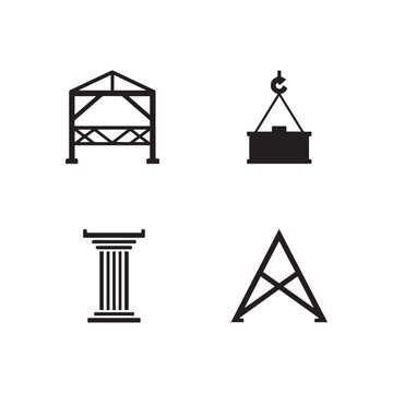 Structural Engineering and Construction Elements Icon Set Including Trusses Crane Lift and Classic Pillar