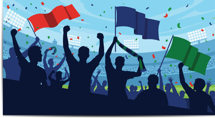 Soccer Fans Cheering in Stadium with Flags and Confetti Celebration © Tasrifin