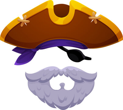 Cartoon pirate captain hat eye patch and grey beard photo booth mask. Filibuster captain kids photo booth mask. Pirate skipper carnival vector costume element or party prop with ancient tricorn hat