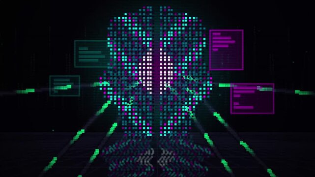 Seamless Looping Pixel Art Cyberpunk AI Server Core Background with Glowing Geometric Brain
