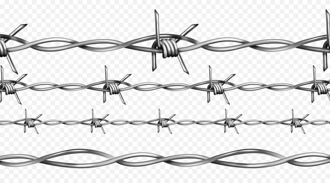 Wire fence with sharp barb elements - realistic 3D border design. Metal spike pattern on transparent background with steel barbwire texture for military prison security. Twisted iron barrier.