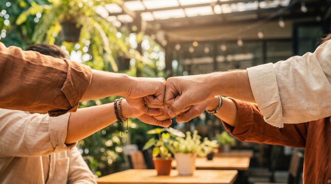Close-up of a diverse group of friends or colleagues celebrating success with a fist bump in bright sunlight outdoors.