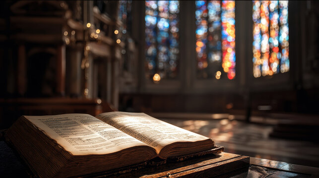 Antique book leather cover open hymnal stained glass sunlight church wooden table vintage religious peaceful Antique book leather cover open