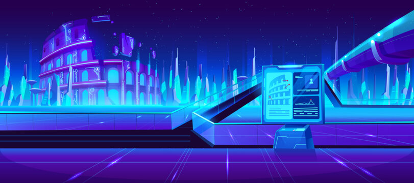 Futuristic city skyline with neon blue lights and smart technology elements. Abstract digital cityscape with Roman Colosseum reimagined in cyber style with glowing network data visualization.