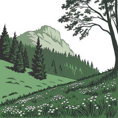 Fototapeta premium A serene landscape illustration depicts a majestic mountain range covered in lush green forests and a wildflower meadow high quality