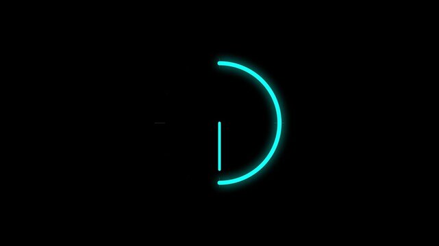 Futuristic clock face loading animation with sweeping neon arc and tick marks, seamless loop 4K