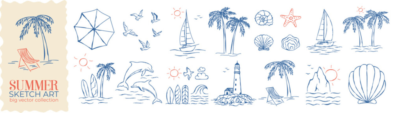 Summer Sea Doodle Collection. Ocean Clipart Set. Vector sketch art compositions with yacht boat, palm tree, wave. Summer set for summer-themed design, travel poster, tropical party flyer, beach event.