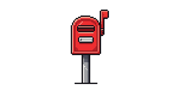 A red pixel art mailbox stands on a grey pole against a plain white background, featuring a raised flag and a small letter slot for mail.