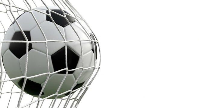 Soccer ball in goal net, football in mesh, sports scoring concept, white background