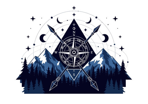 Mystical Adventure Illustration with Compass, Rugged Mountains, and Celestial Elements