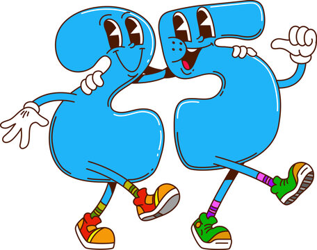 Cartoon groovy hippie math number 25 characters, school education twenty five digit, sign and numeral figure personages. Playful blue 2 and 5 friends hugging and walking together in vintage sneakers